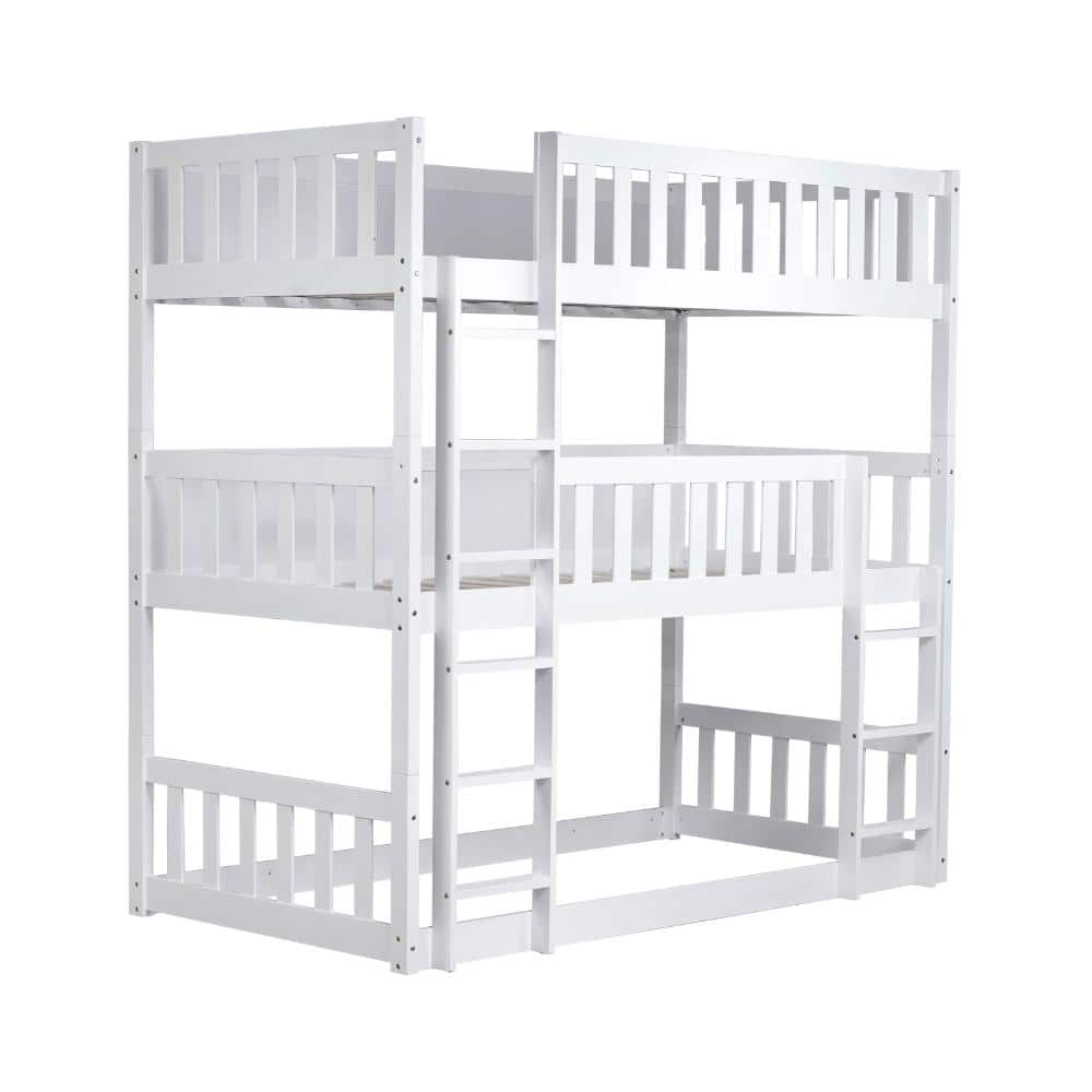 White Twin Over Twin Over Twin Rubber Wood Triple Bunk Bed with Ladders and Detachable Guardrails price history on PriceWatchPro