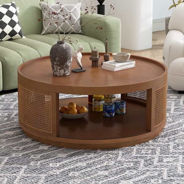 Harper & Bright Designs Mid-Century Modern 37.1 in. Brown Round Oak Veneer MDF Coffee Table with PE Rattan Side