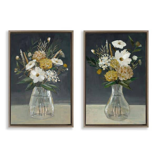 Stupell Industries Muted Bouquet Vases by Hannah Dawson 2-Pieces Brown Floater Frame Nature Graphic Art Print 25 in. x 17 in.