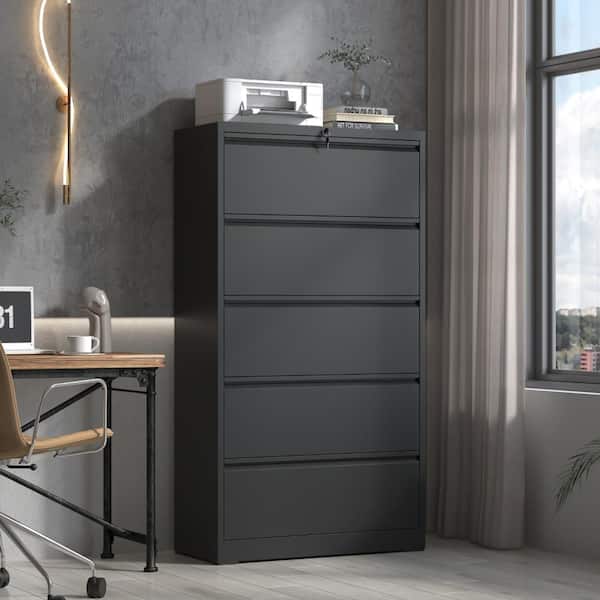 5-Drawer Lateral File Cabinet with Lock, Steel, Legal/Letter/A4/F4, Black