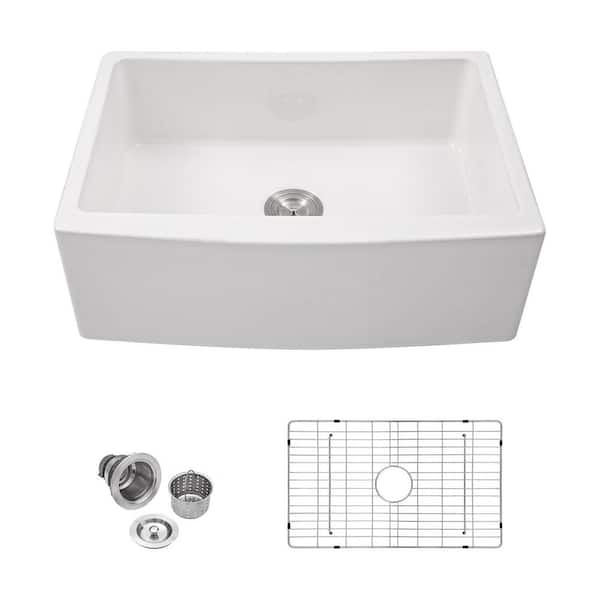 33 in. Fireclay Farmhouse Apron Front Sink White Single Bowl Kitchen Sink with Bottom Grid