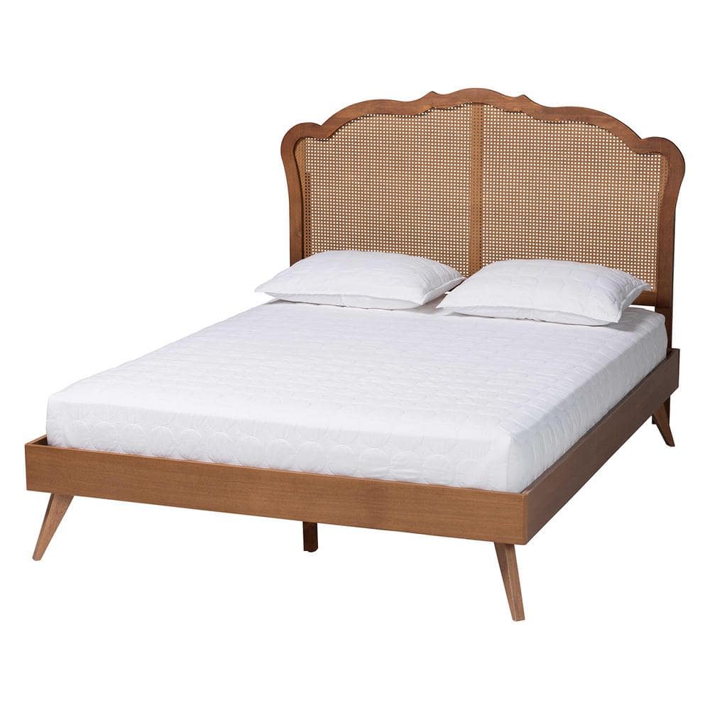 Walnut Brown Queen Wood Frame Platform Bed with Rattan Headboard