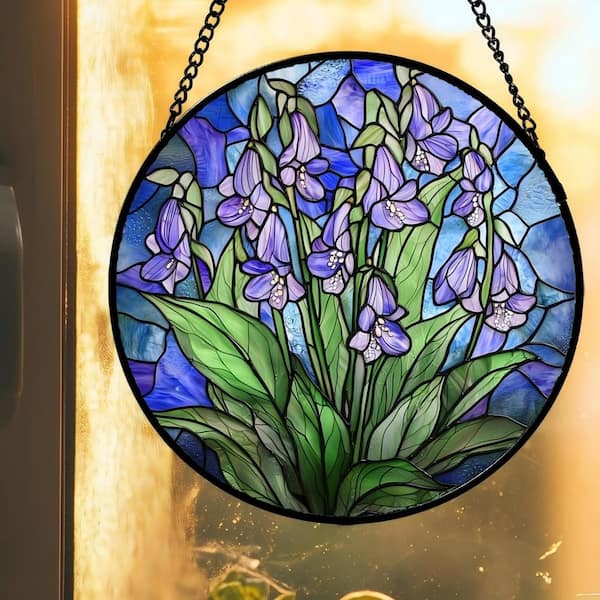 Purple Flowers Green Leaves Stained Glass Art Glass Window