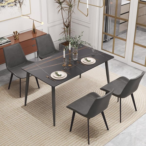 55 in. Black Sintered Stone with Gray Metal 4-Legs Dining Table (Seats-4)