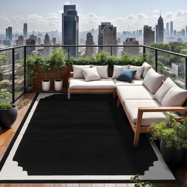 Hera Black 9 ft. x 12 ft. Rubber Back Washable Corner Bordered Indoor Outdoor Patio Area Rug