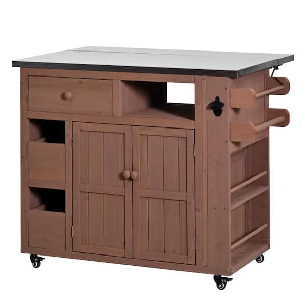 Brown Stainless Steel Top 41.9 in. Outdoor Kitchen Island with Side Spice Rack and Drawers