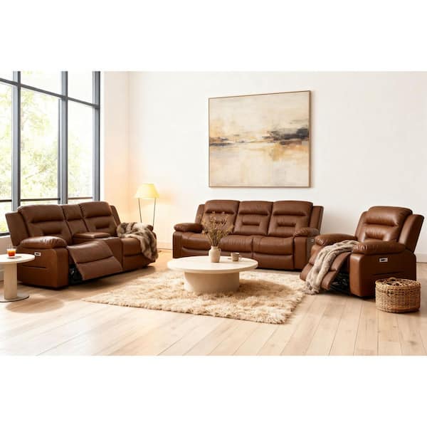 195.5 in Modular Design Power Recliner Faux Leather Sofa Set with USBandUSB-C Charging in Light Brown