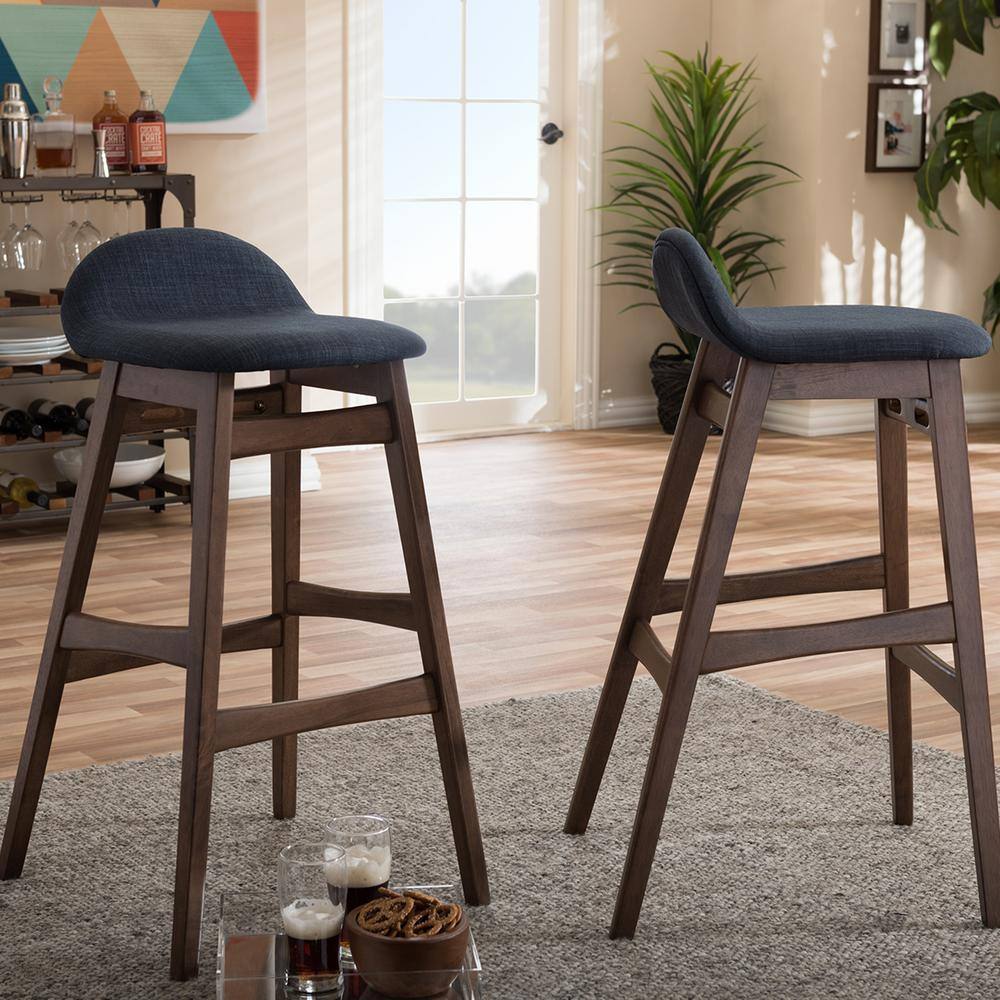 Bloom 30" Dark Blue Fabric Upholstered Walnut Wood Bar Stool Set