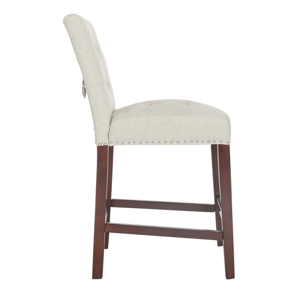 Light Grey Tufted Linen Counter Stools with Chrome Nail Head Trim