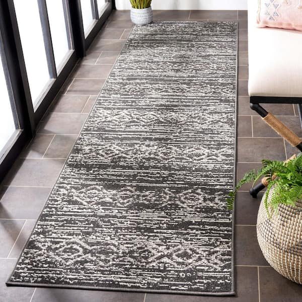 Cottage Gray 2 ft. x 8 ft. Distressed Abstract Indoor/Outdoor Runner Rug