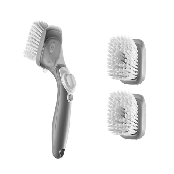 Soap Dispensing Dish Brush, Kitchen Scrub Brushes with 3-Brush Heads, Dishwashing Brush PP Handle