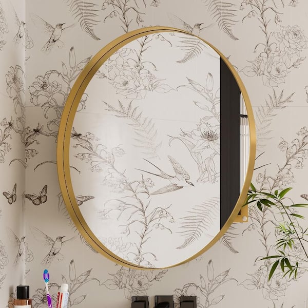 31.5 in. W x 31.5 in. H Round Gold Framed Wall Surface Mount Medicine Cabinet with Mirror