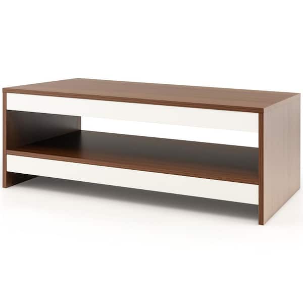 Costway 37 in. L Walnut Coffee Table Wood 2-Tier Rectangular Coffee Table with Storage Shelf