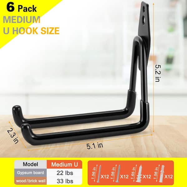 6 Pack 5.1 in. Black Steel Heavy Duty Garage Hooks with Non-Slip