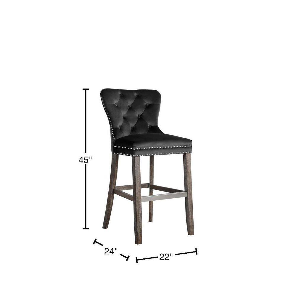 Black Velvet Tufted Bar Stools with Wood Legs and Chrome Footrest (Set of 2)