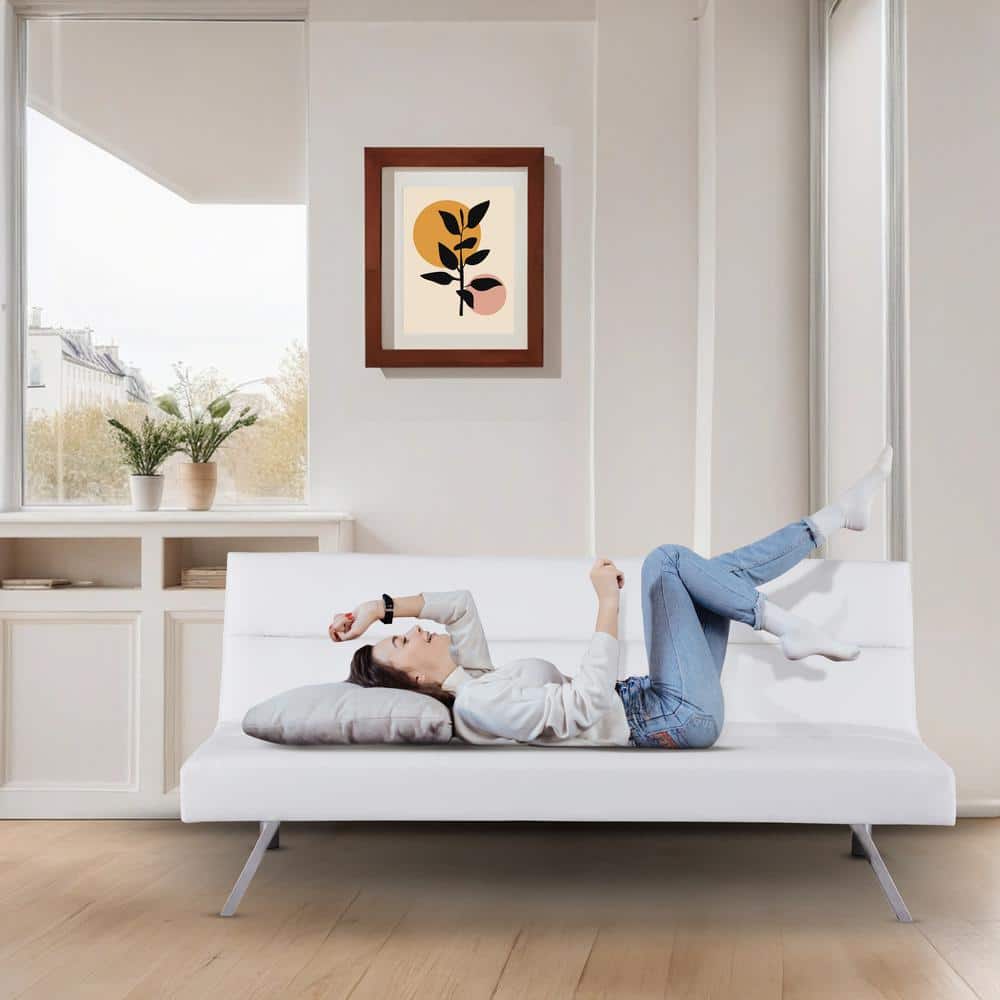 White Faux Leather Twin Sleeper Futon with Wood Frame