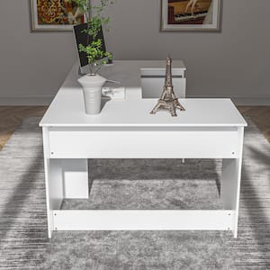 82.7 in. Width U-Shape White Wooden 1-Drawer Computer Desk with Open Back & A with Door Storage Cabinet