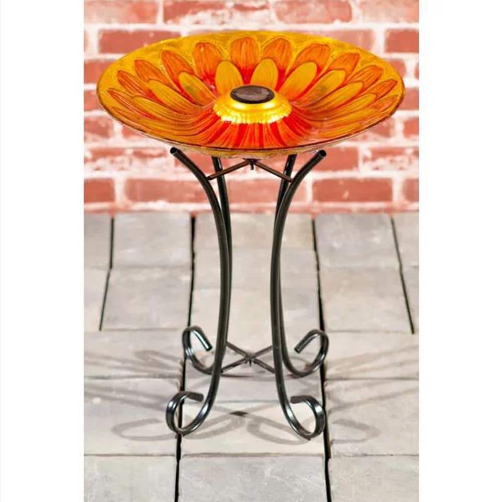 Solar Floral Glass Bird Bath with Metal Stand