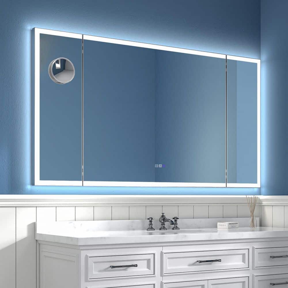66 in. W x 36 in. H Rectangular Framed Tri-fold Wall LED Bathroom Vanity Mirror with Front Light and Backlict in Nickel price history on PriceWatchPro
