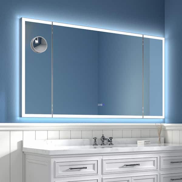 66 in. W x 36 in. H Rectangular Framed Tri-fold Wall LED Bathroom Vanity Mirror with Front Light and Backlict in Nickel