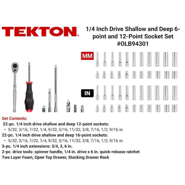 1/4 Inch Drive 6-Point and 12-Point Socket and Ratchet Set with Open Top Drawer and Rack, 52-Piece (5/32-9/16 in.)