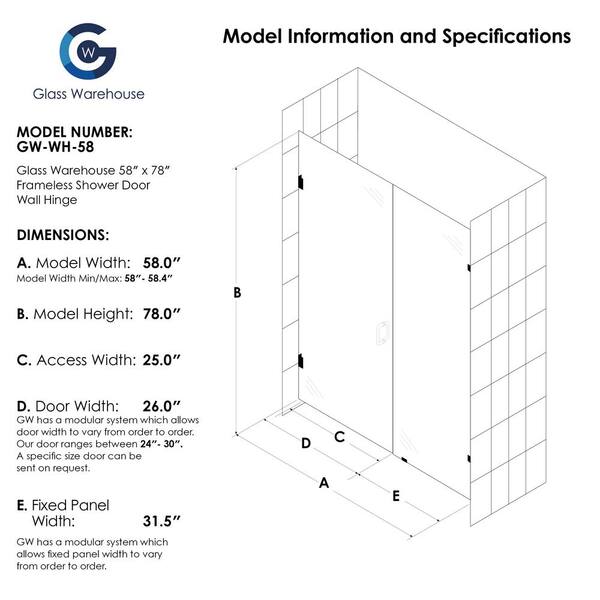 Glass Warehouse 58 In X 78 In Frameless Wall Pivot Hinged Panel Shower Door In Chrome With Handle Gw Wh 58 Ch The Home Depot