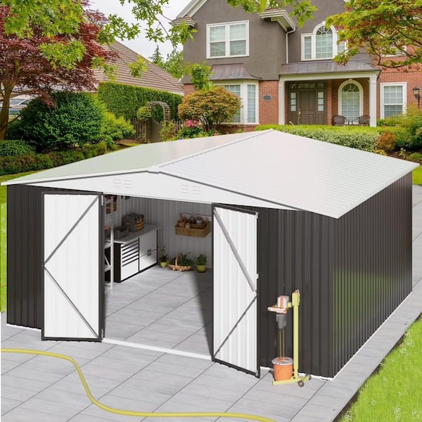 NETAJE 14 ft. W x 12 ft. D White Roof Metal Storage Shed with