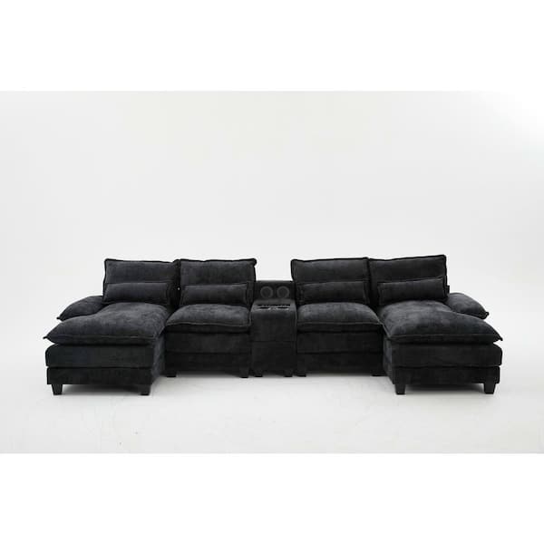 Modern 126 in. 4-pieces Fabric Upholstered U-shaped with Wireless Charging and Bluetooth Audio Sectional Sofa in. Black