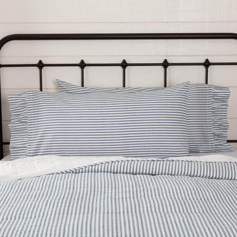 Candlelight White & Country Blue Cotton King Pillowcase Set with Ruffle Detail