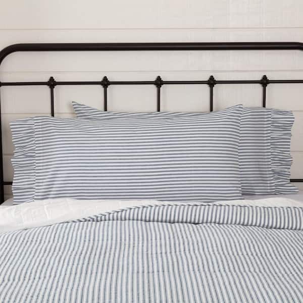 VHC BRANDS Sawyer Mill Blue Farmhouse Ticking Stripe Ruffled Cotton King Pillowcase (Set of 2)