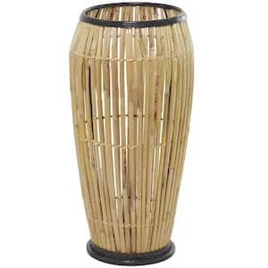 22 in. Brown Handmade Slatted Frame Wicker Wood Decorative Vase with Black Metal Accents