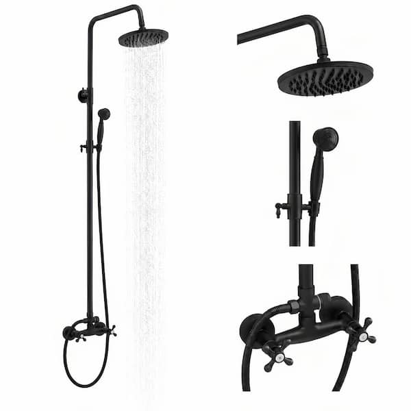 2-Spray Outdoor Wall Bar Shower Kit 8 in. Round Rain Shower Head with Hand Shower and 2 Cross Knobs in Matte Black