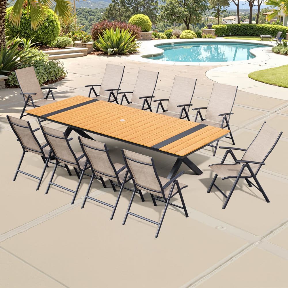 11-Piece 118 in. Brown Aluminum Wood-Like Umbrella Hole Patio Outdoor Dining Set, Esspreso Adjustable Back Metal Chair price history on PriceWatchPro