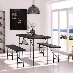 3-Piece Folding Table Set, Folding Table with 2-Benches, 47.2 in. Faux Rattan Folding Table w/Mesh Bag, Black Table Set