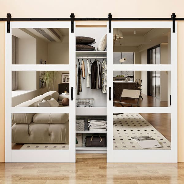 EH PUERTA 84 in. x 84 in. 3-Lite Mirrored Glass White Finished Solid Core MDF Barn Door Slab with Barn Door Hardware Kit