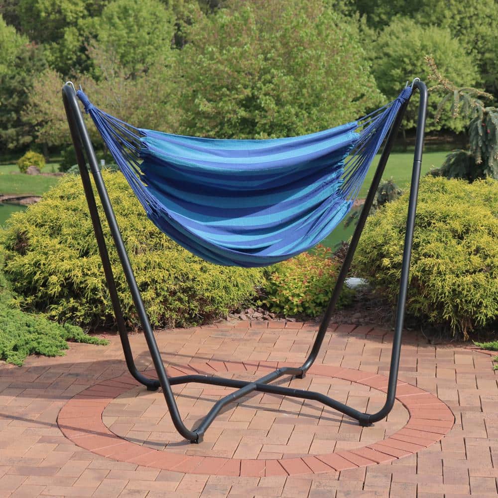 Blue Cotton Hanging Hammock Chair with Black Steel Stand