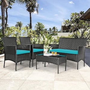 4-Piece Wicker Patio Conversation Set with Coffee Table and Turquoise Cushions