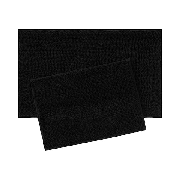 Plush Shag Chenille Black 21 in. x 34 in. and 17 in. x 24 in. 2-Piece Bath Rug Set