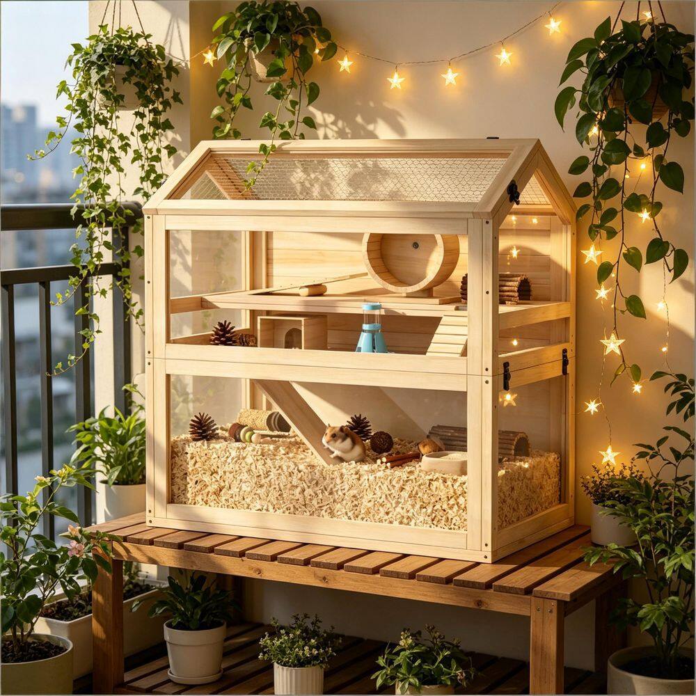 Wooden Hamster Cage Spacious Small Animal Hutch Pet House with Running ...