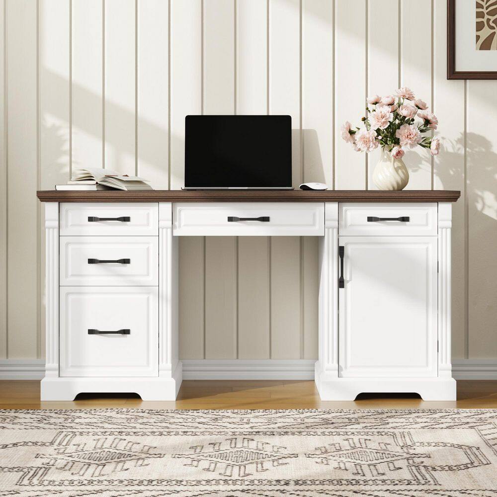 59 in. Rectangular White and Walnut Wood 5-Drawer Desk with Side Cabinet and Interior Shelving