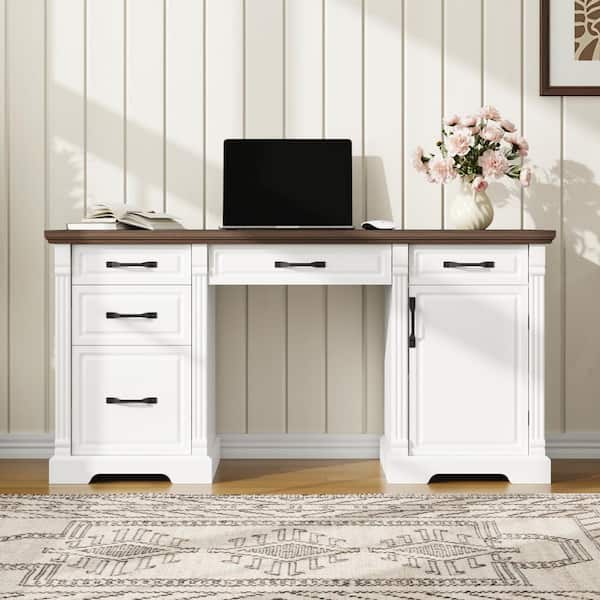 59 in. Rectangular White and Walnut Wood 5-Drawer Desk with Side Cabinet and Interior Shelving