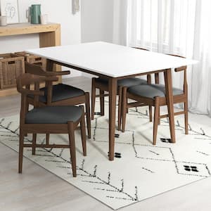 Adir 5-Piece Mid-Century Rectangular White Top 47 in. Dining Set with 4 Fabric Dining Chairs in Gray