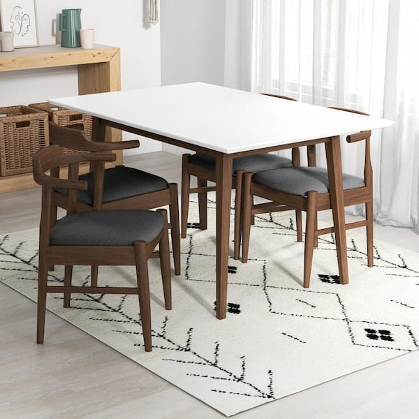 Ashcroft Furniture Co Adir 5-Piece Mid-Century Rectangular White Top 47 in. Dining Set with 4 Fabric Dining Chairs in Gray