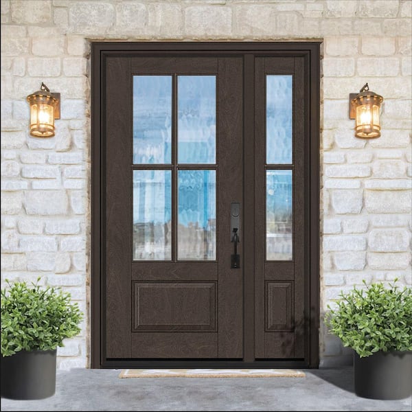 Regency 51 in. x 80 in. 3/4 Lite 4SDL Oasis Deco Glass LHIS Prefinish Hickory Fiberglass Prehung Front Door 1 12 in. SL