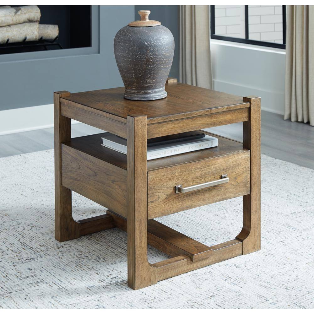 Light Brown Square Wood End Table with Storage Drawer