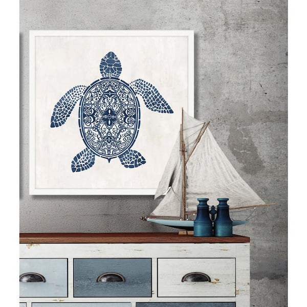 Asian Turtle Navy Blue with White II Framed Giclee Art Print 22 in. x 22 in.