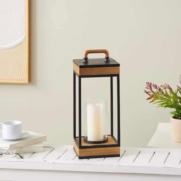 Litton Lane Brown Metal Open Frame Candle Lantern with Black Metal Accents