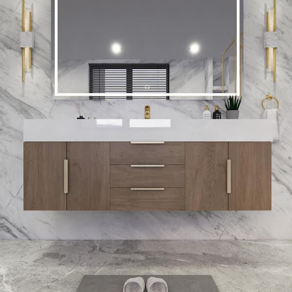 Bethany 59 in. W. x 20 in. D x 22 in. H Single Sink Floating Bath Vanity in Light Oak with White Acrylic Top