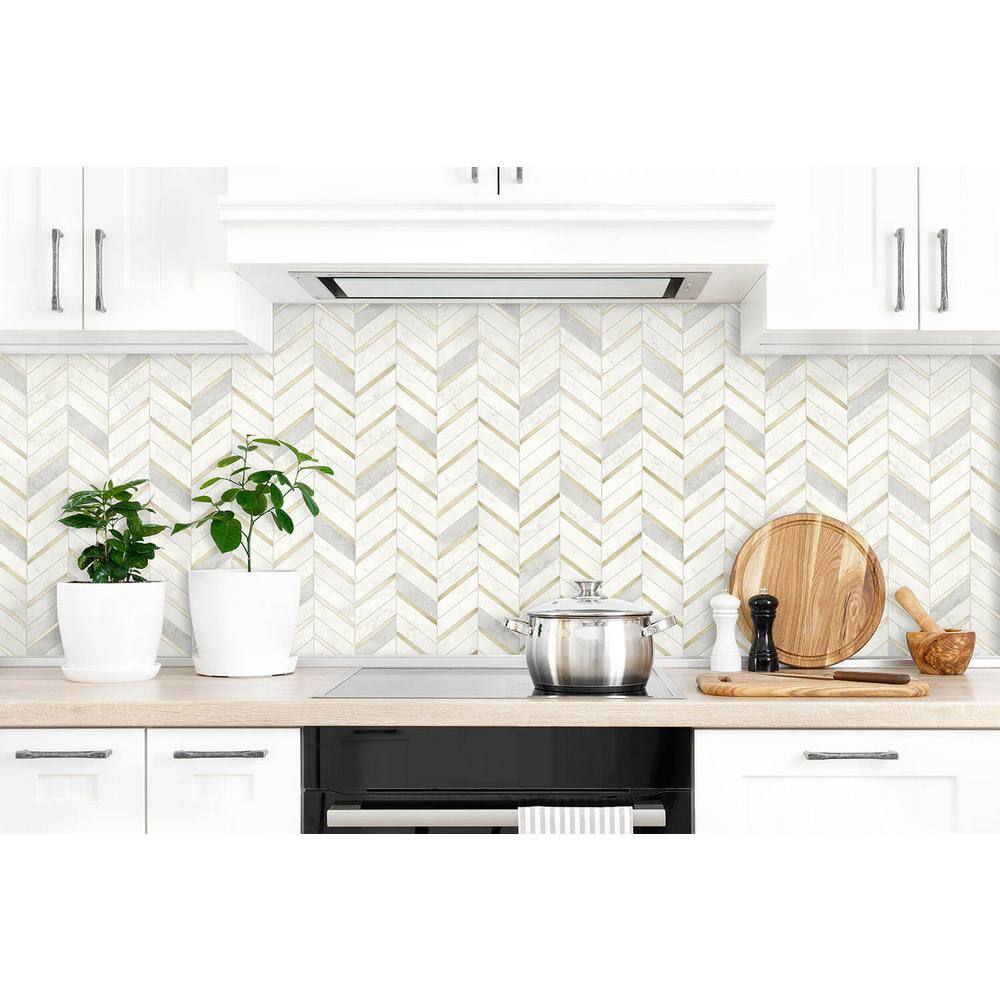 Metallic Gold and Pearl Gray Chevron Marble Peel and Stick Wallpaper