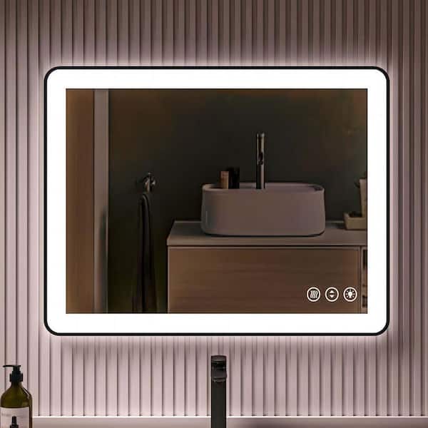 36 in. W x 30 in. H Rectangular Framed Backlit and Front Light LED Anti-Fog Wall Bathroom Vanity Mirror in Matte Black